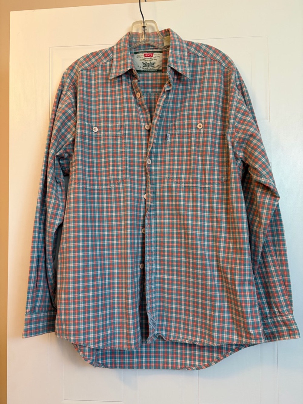 Vintage Levi's Men's Blue and Orange Plaid Button-Up Shirt